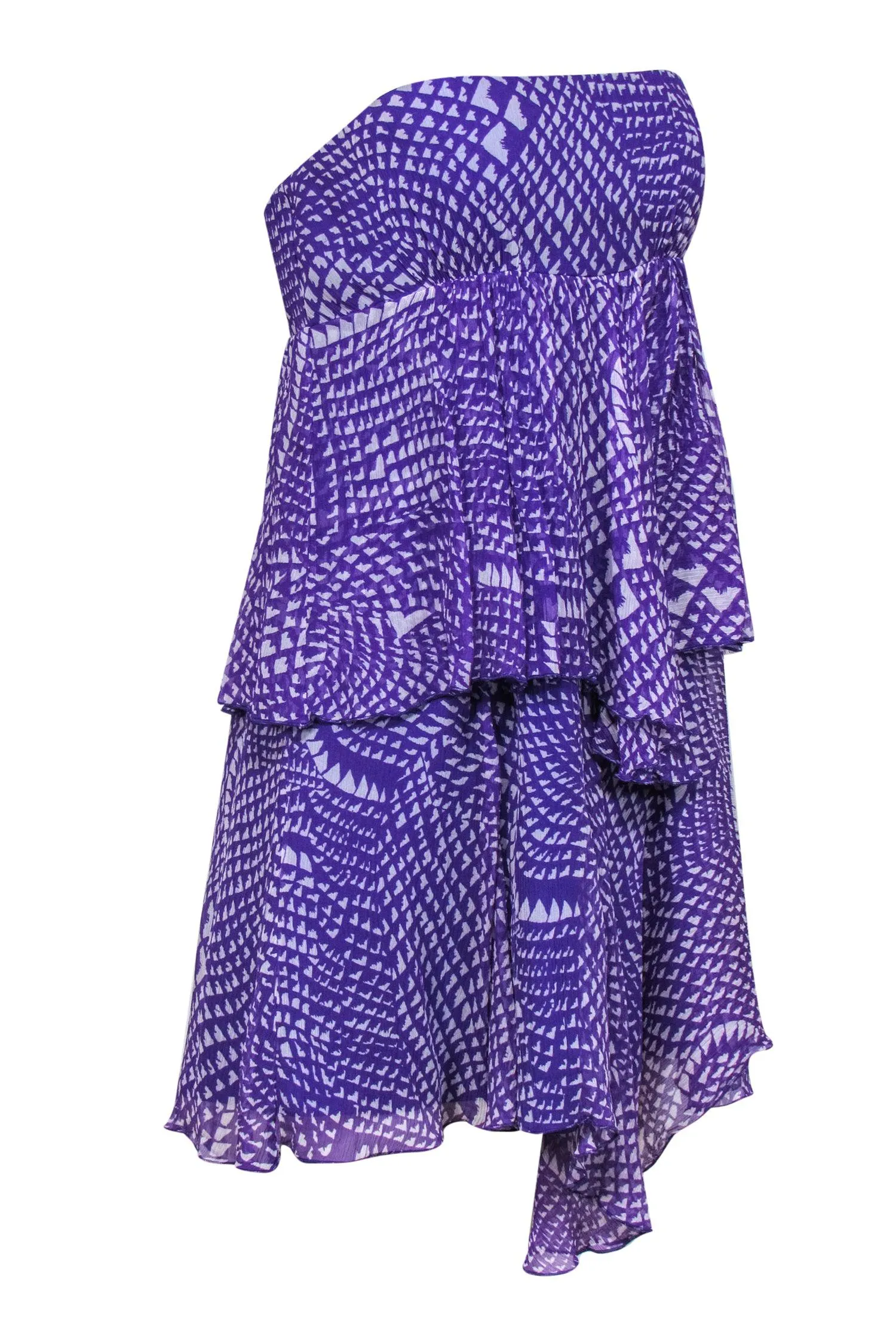 BCBG Max Azria - Purple & White Strapless Tiered Scarf Hem Silk Dress Sz S