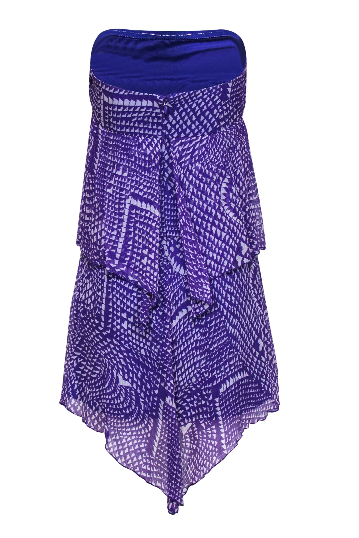 BCBG Max Azria - Purple & White Strapless Tiered Scarf Hem Silk Dress Sz S