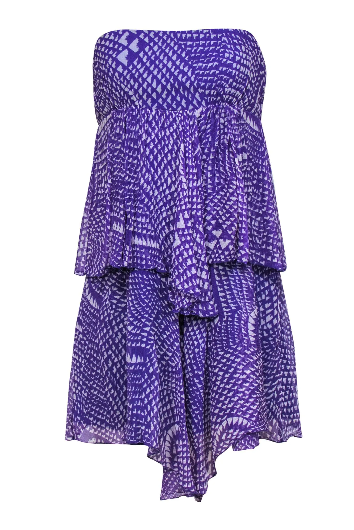 BCBG Max Azria - Purple & White Strapless Tiered Scarf Hem Silk Dress Sz S