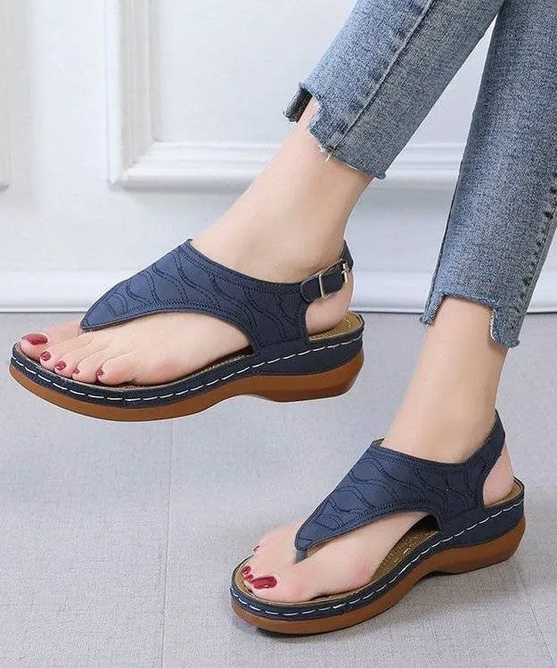 Boho Faux Leather Peep Toe Buckle Strap Splicing Blue Platform Sandals LY2692