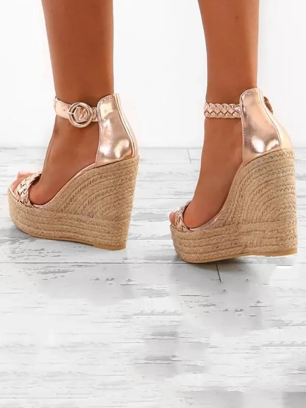 Fashion Wedge High-heel Solid Color Weaving Sandal Shoes