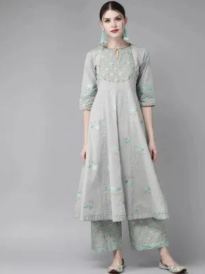 Grey Printed Cotton Anarkali Kurta With Palazzos