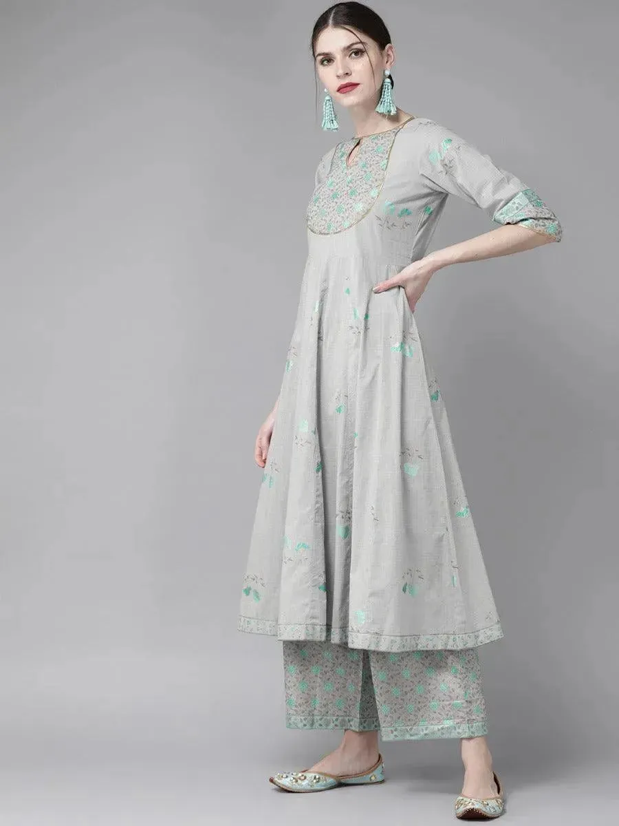 Grey Printed Cotton Anarkali Kurta With Palazzos