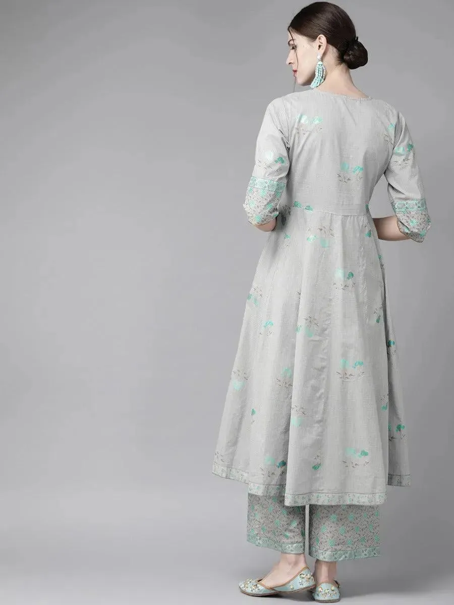 Grey Printed Cotton Anarkali Kurta With Palazzos