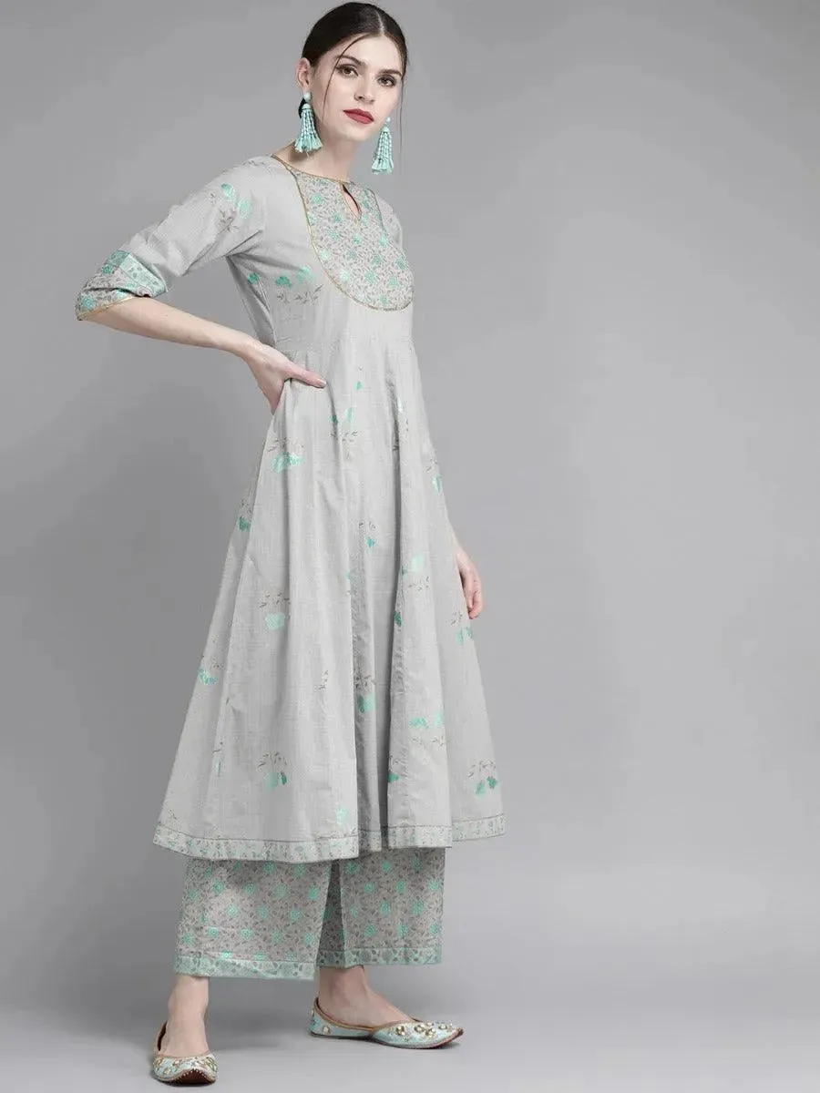 Grey Printed Cotton Anarkali Kurta With Palazzos