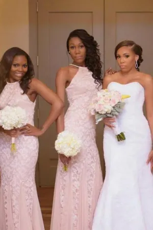 Mermaid Halter Floor-Length Pink Sleeveless Tulle Bridesmaid Dress with Lace AHC626