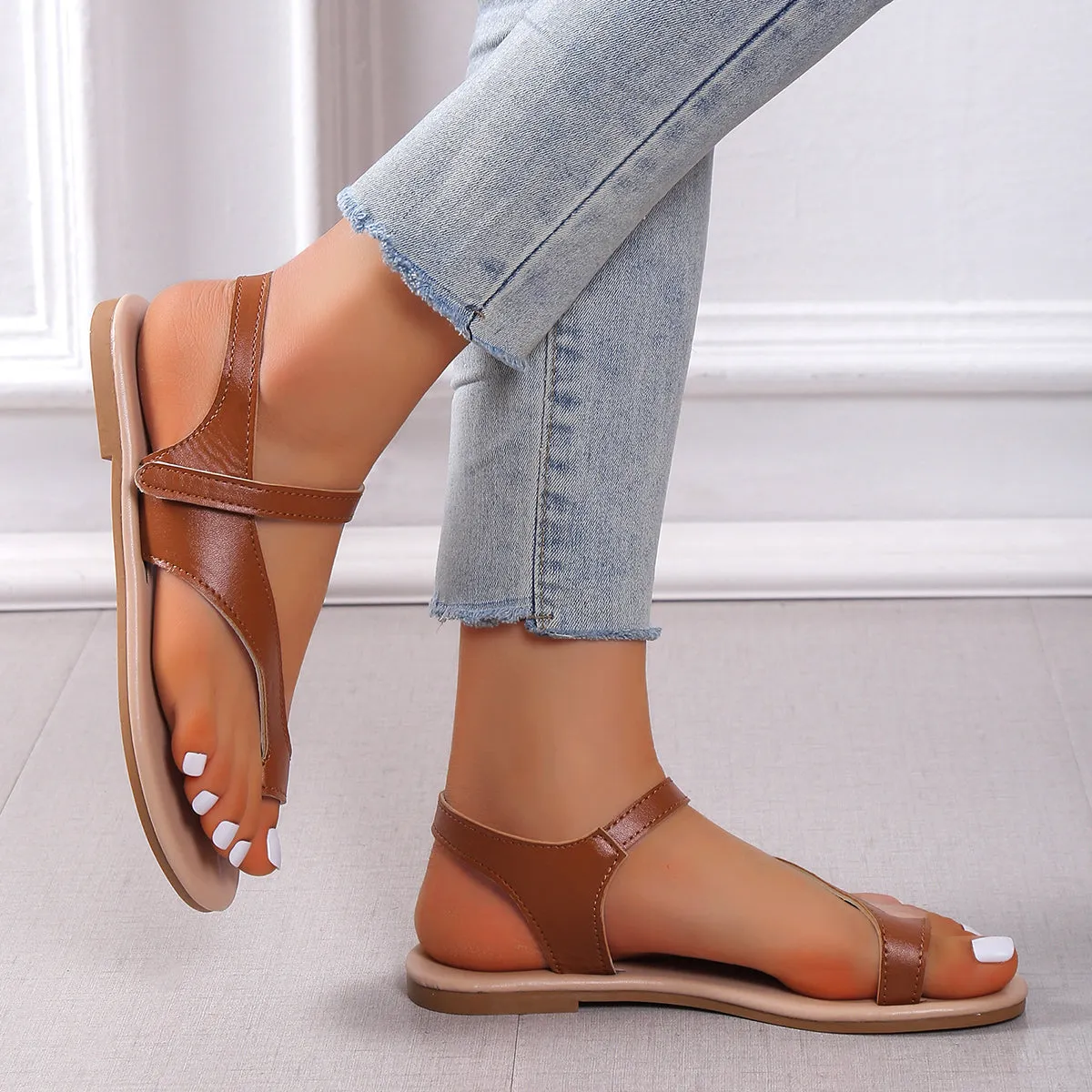 Sohiwoo  Women Toe Ring T-Strap Flat Sandals Ankle Strap Flip Flops Sandals