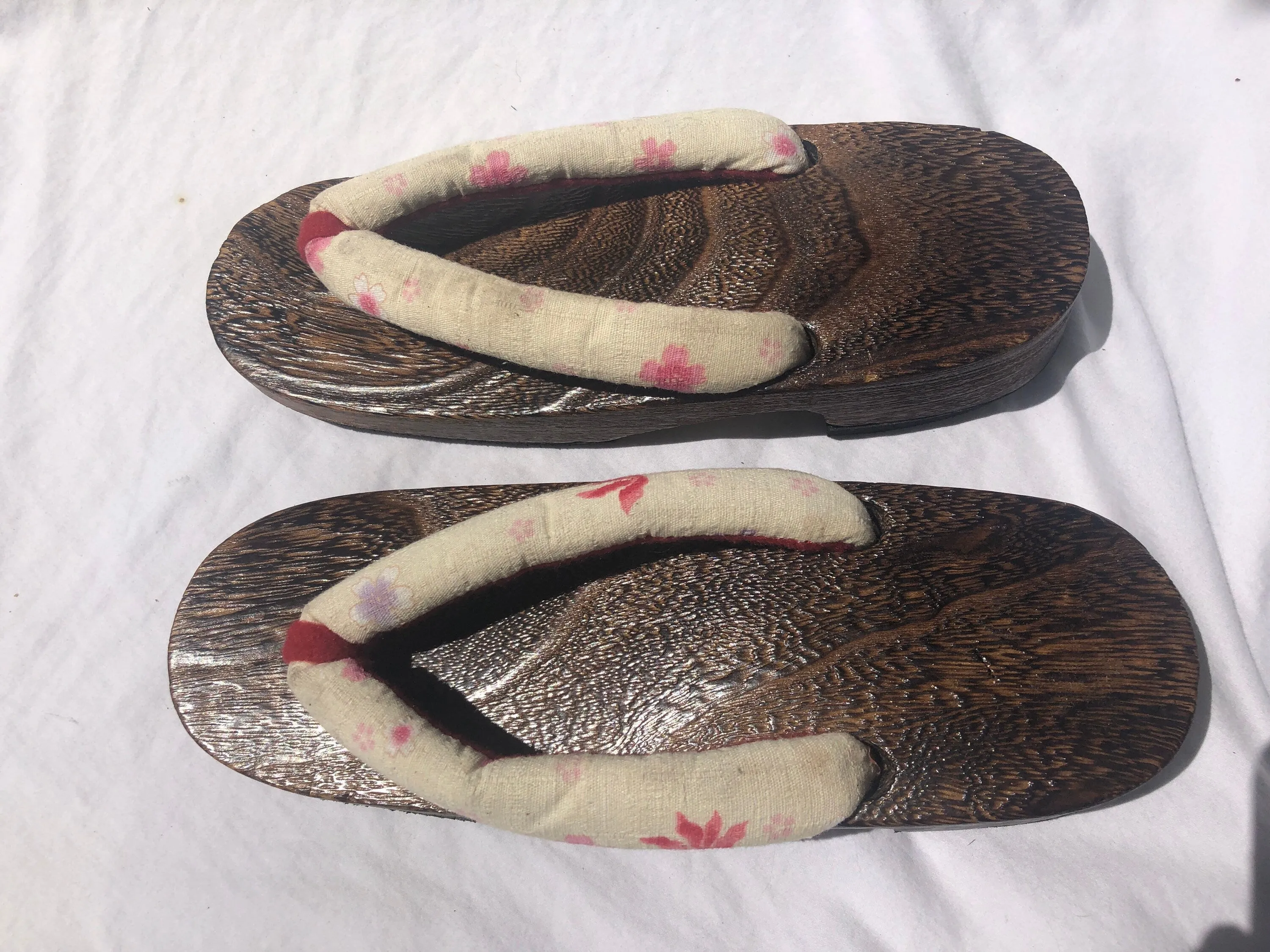 Unique Asian Wooden Sole Yellow & Pink Floral Thong Sandals