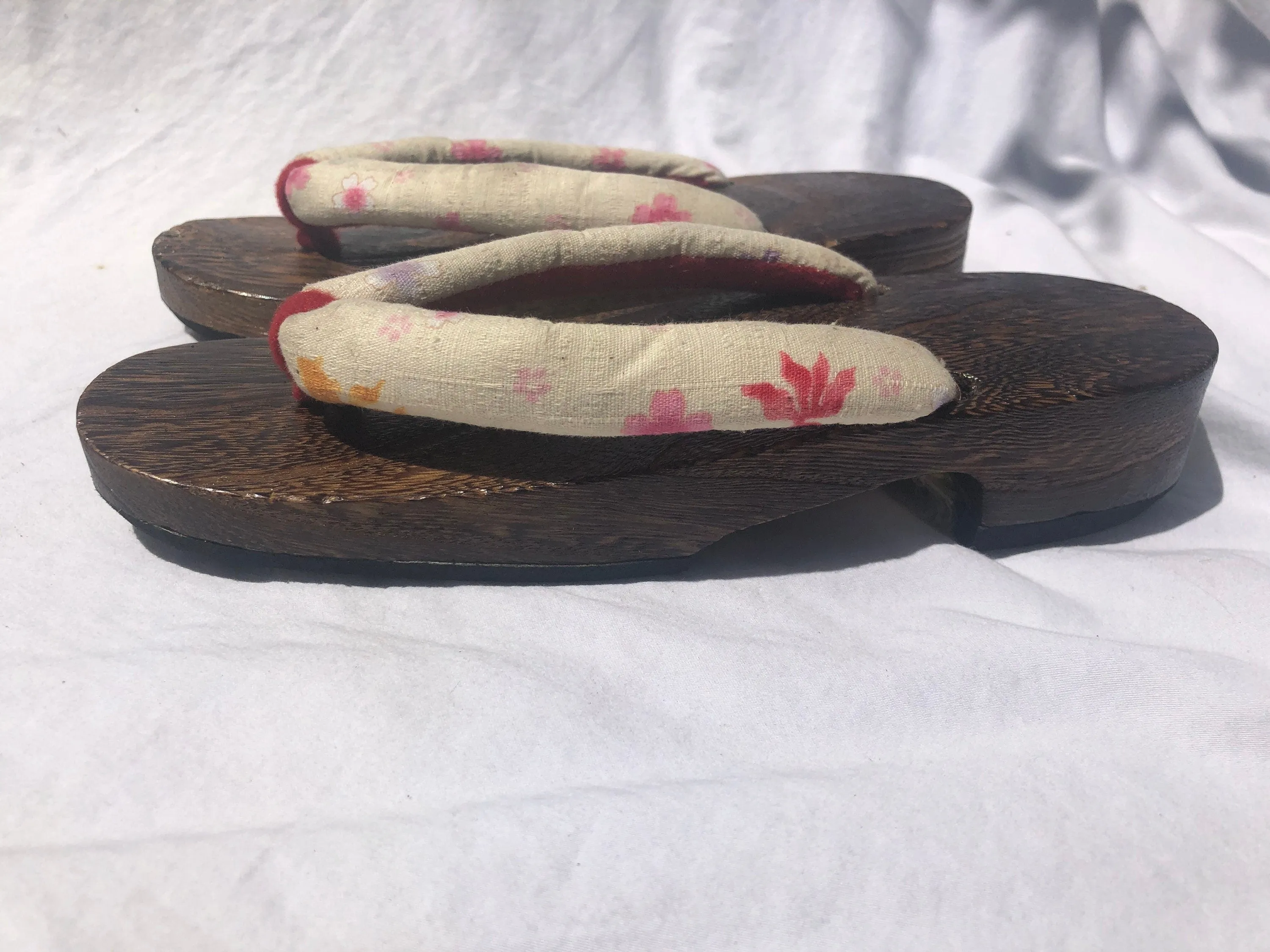 Unique Asian Wooden Sole Yellow & Pink Floral Thong Sandals