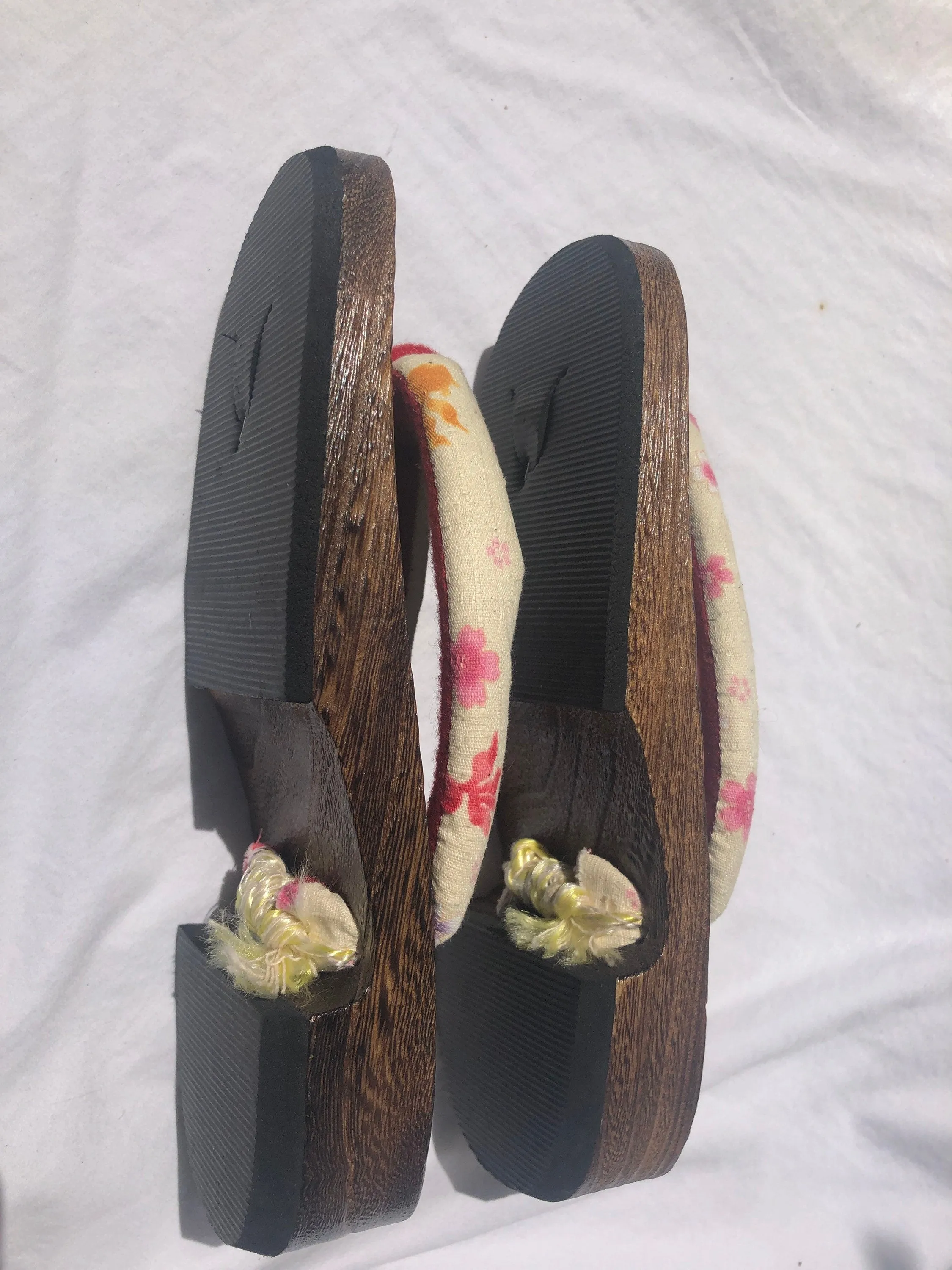Unique Asian Wooden Sole Yellow & Pink Floral Thong Sandals