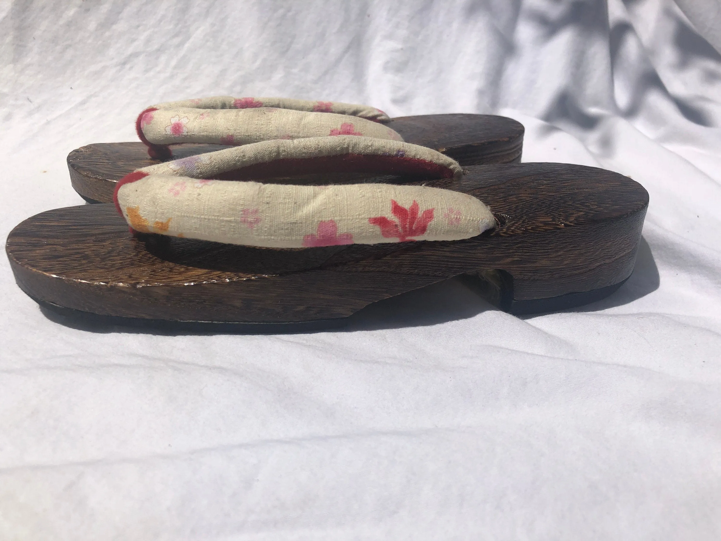 Unique Asian Wooden Sole Yellow & Pink Floral Thong Sandals