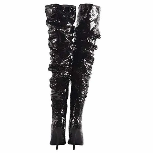Women's Black Sequin Open Toe Thigh High Boots