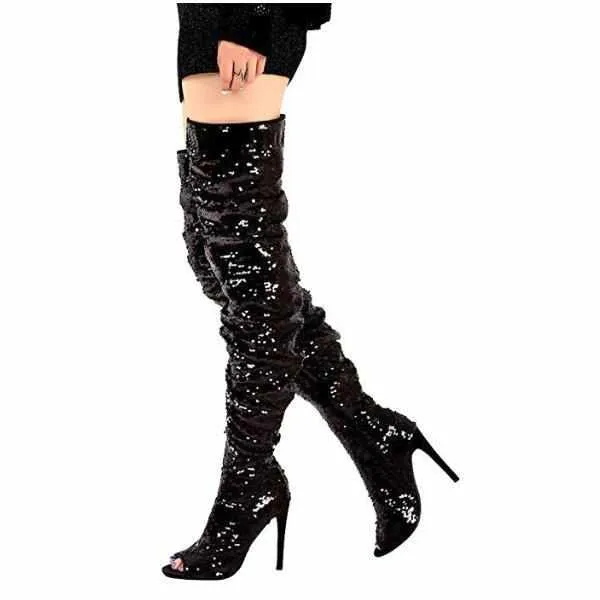 Women's Black Sequin Open Toe Thigh High Boots