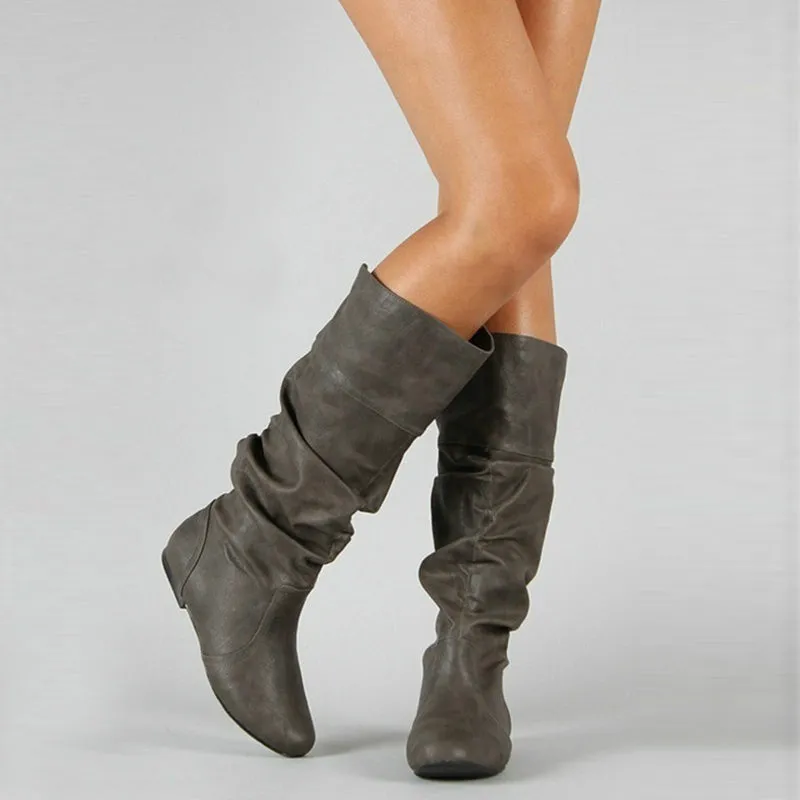 Women's mid calf slouch boots flat retro wide calf boots