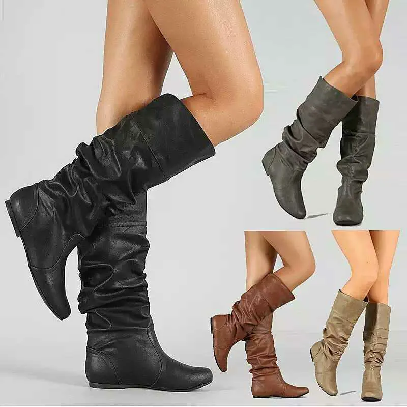Women's mid calf slouch boots flat retro wide calf boots