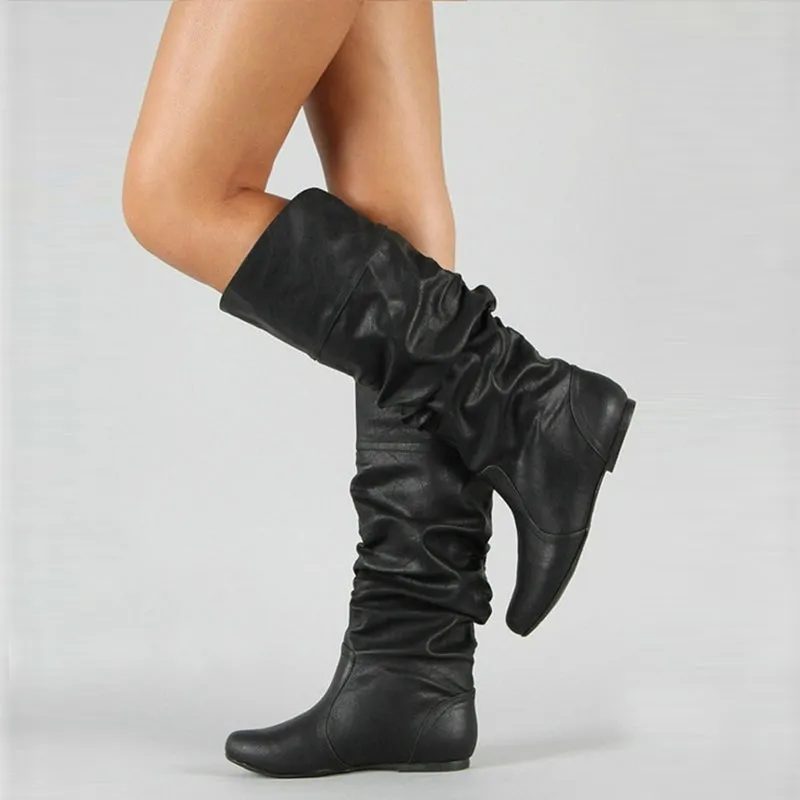 Women's mid calf slouch boots flat retro wide calf boots
