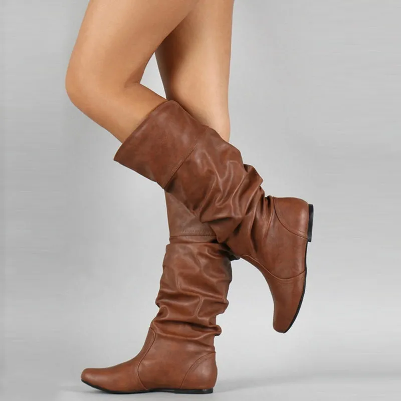 Women's mid calf slouch boots flat retro wide calf boots