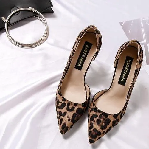 Women's suede sexy leopard d’Orsay pumps side cut out pumps